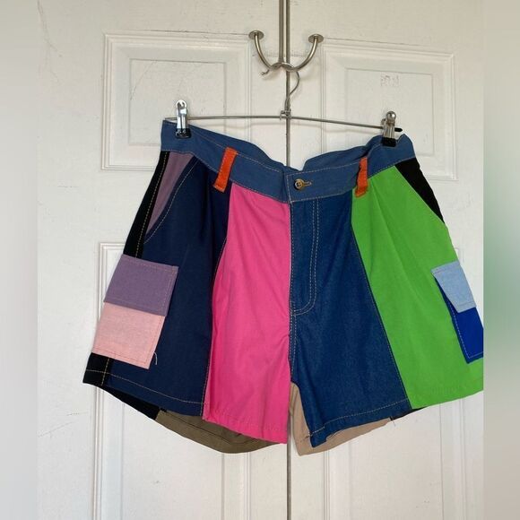Pants - Patchwork Multicolored Cotton Shorts